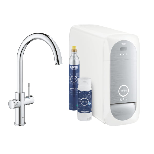 Baterie bucatarie Grohe Blue Home cu pipa tip C si kit Starter crom lucios